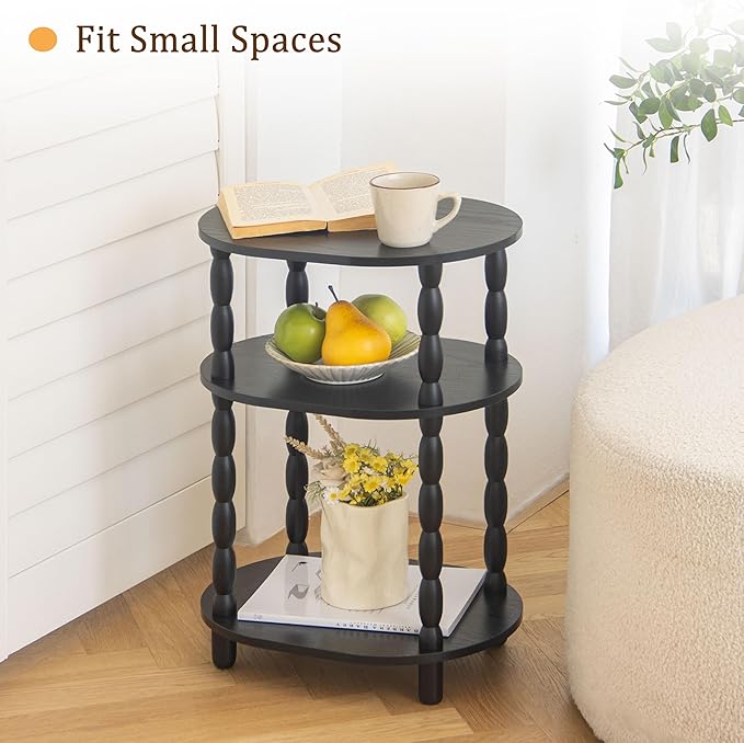 MaxSmeo Black Side Table with Charging Station, 3-Tier Small Oval End Table