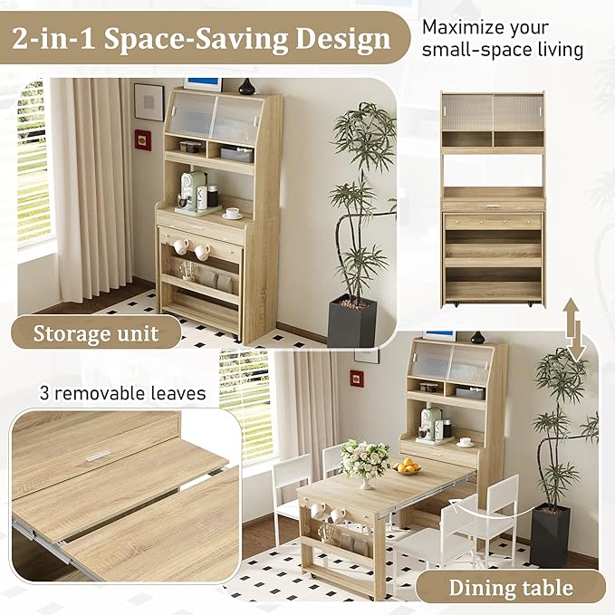 Spaco 2-in-1 Folding Dining Table and Buffet Cabinet Set, Compact Pull-Out