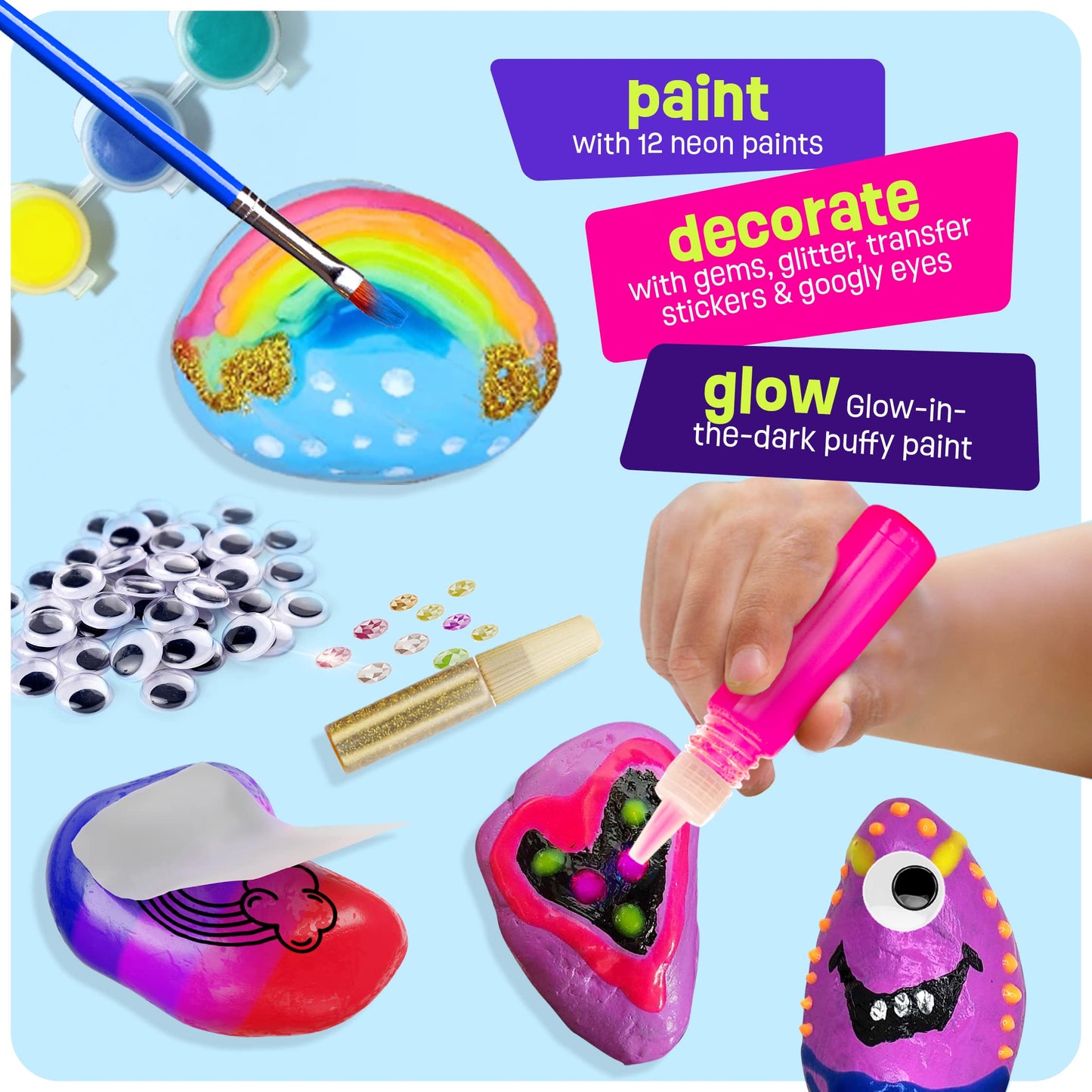 Dan&Darci Kids Rock Painting Kit - Glow in The Dark - Gifts Arts & Crafts for Boys and Girls Ages 6-12 - Craft Activities Kits - Creative Art Toys for 6, 7, 8, 9, 10, 11 & 12 Year Old Kid