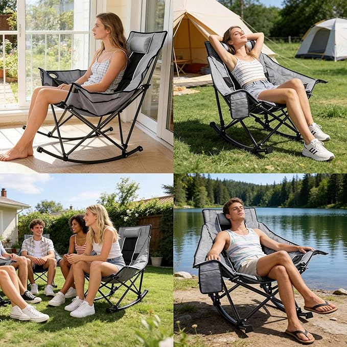 Suteck Oversized Rocking Camping Chair, Thick Padded Folding Rocking Chair