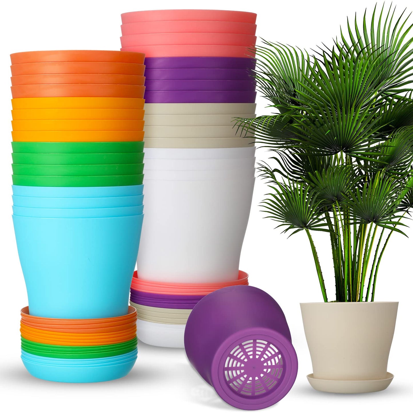 Yinder 32 Pcs 6 Inch Nursery Pots Flower Pots Colorful Plastic Plant Pot Seed Starting with Saucers and Drainage Holes Plant Container for Herbs Houseplants Seeding Nursery Flowers