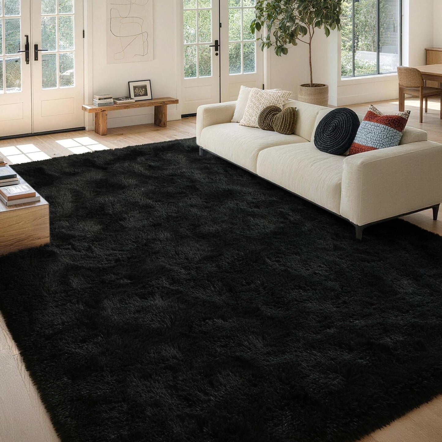 FinRèc 8x10 Feet Area Rugs for Living Room Bedroom, Fluffy Shaggy Large Rug, Non-Slip Soft Black Fuzzy Rugs for Nursery Kids Room Dorm Room Home Decor, Indoor Plush Floor Carpet