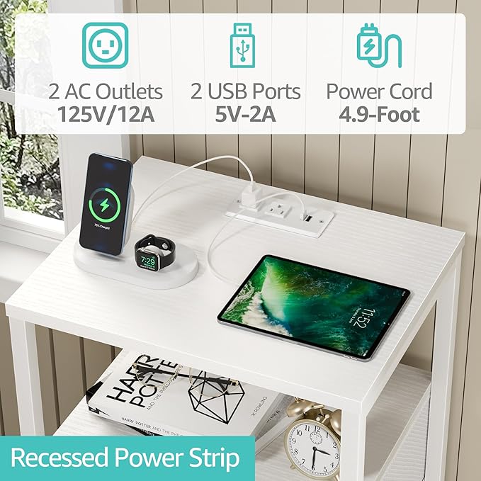BOLUO White Dresser with 5 Drawers Tall Nightstand with Charging Station and