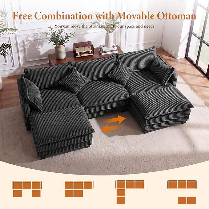 Vesgantti 109" U Shaped Cloud Sectional Sofa, Comfy Corduroy Upholstered