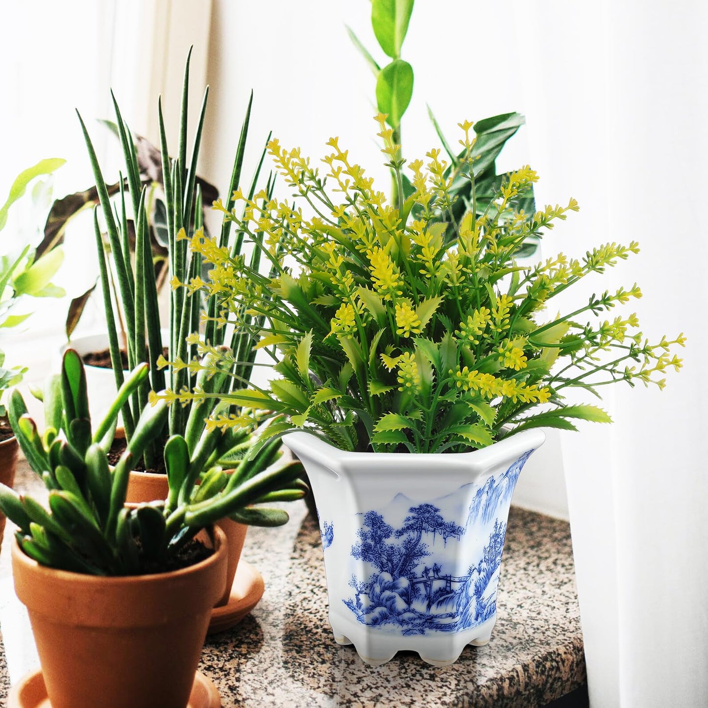 Yardenfun Blue and White Porcelain Planter Pot for Indoor Plants Small Ceramic Succulent Flowerpot Asian Style Oval Home Garden Decor