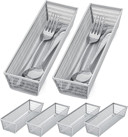 Neudeco Silverware Organizer, Silver, 9 * 3 * 2 inch, Pack 6 | Mesh Drawer Organizer, Metal Utensil Organizer, For Flatware, Knives, Spoons, Cosmetic