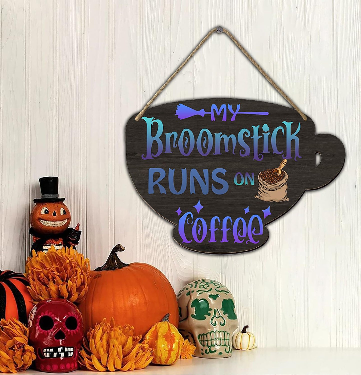 Halloween Witches Coffee Wood Sign My Broomstick Runs on Coffee Wood Plaque Rustic Hanging Sign for Home Coffee Bar Coffee Station Coffee Bar Table Coffee Bar Tiered Tray Wood Signs 4.8x6.78 Inch