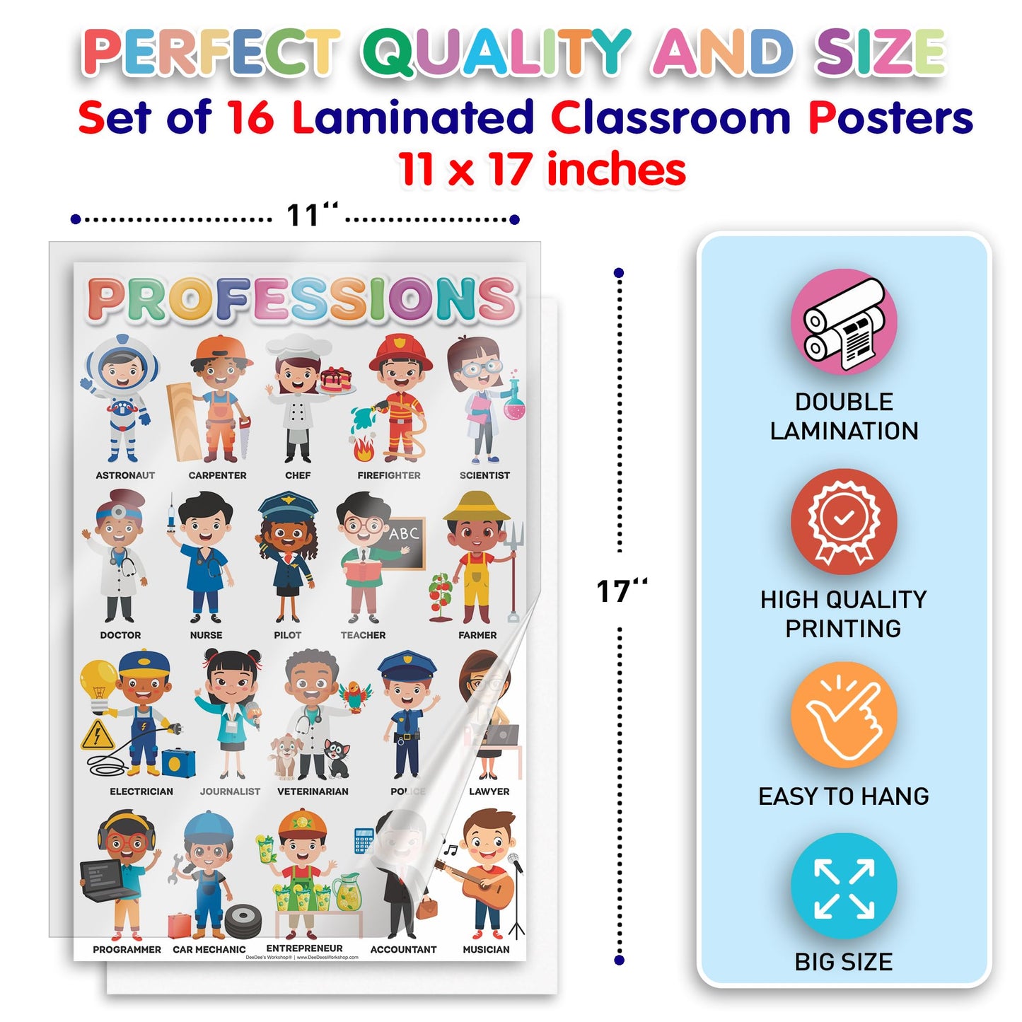 DeeDee's Workshop 16 Educational Posters vol. 2, Toddler Wall Decor, Daycare Essentials, Pre K Learning Materials (English vol. 2)