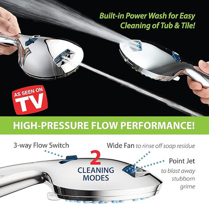 Hotel Spa AquaCare As-Seen-On-TV High Pressure 48-setting Rain & Handheld 3-way Shower Head Combo - Anti-clog Nozzles/Tub, Tile & Pet Power Wash/Extra Long 6 ft. Hose/All Chrome Finish