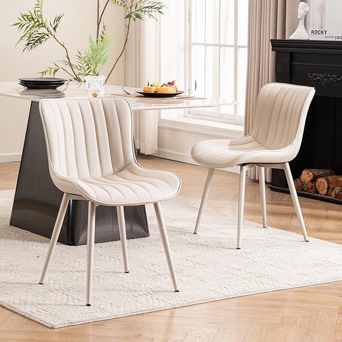 YOUNUOKE Mid-Century Modern Dining Chairs Set of 2, Cream PU Leather
