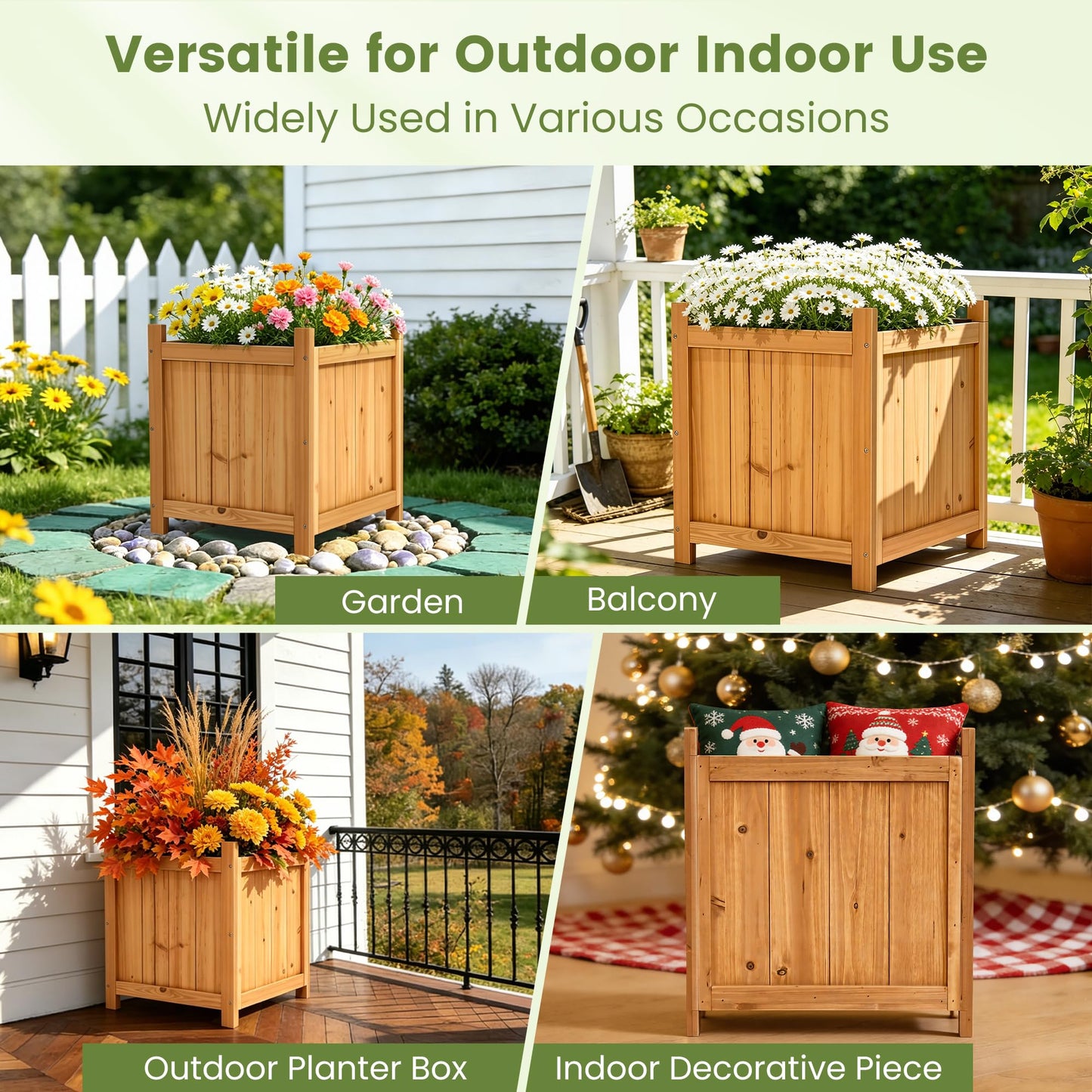 Ultym Set of 2 Wooden Planter Boxes Outdoor, 16.1" Square Fir Wood Flower Planters with Liner, Drainage Holes & Removable Bottom Board, Natural Wood Outdoor Bucket Planter for Patio Porch Yard Garden
