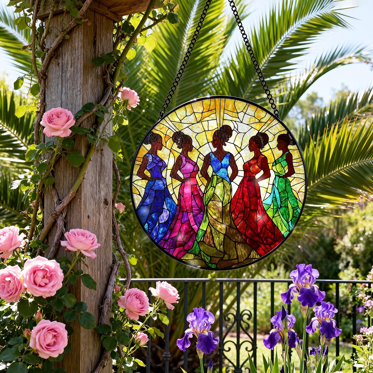 Greatingreat Stained Glass Window Hanging, Home Room Decor 7.8 Inch African American Women Sun Catchers Indoor Window, Cultural Wall Art Home Decor for Women Mother's Day