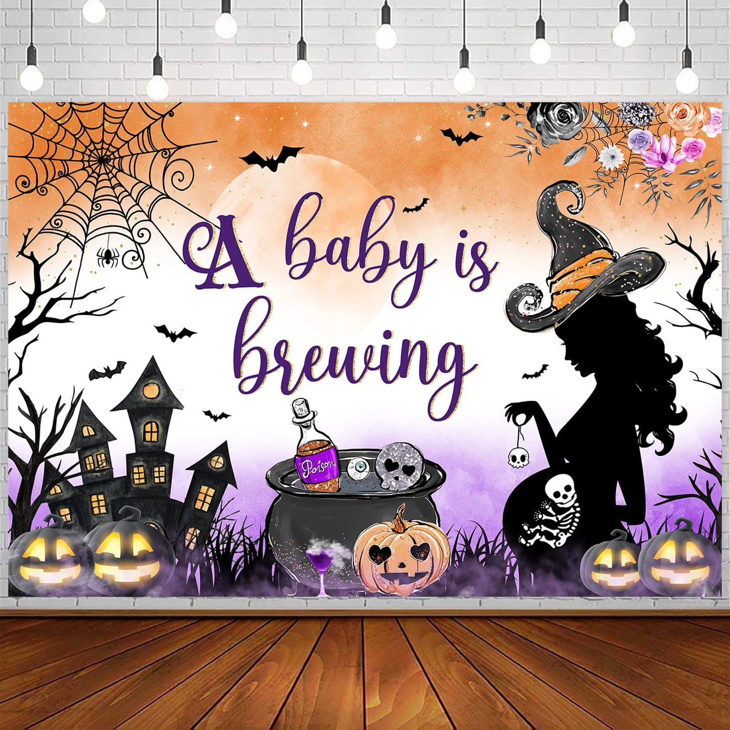 Withu A Baby is Brewing Backdrop Halloween Baby Shower Pregnant Witch Pumpkin Cobweb Haunted House Castle Gender Reveal Baby Boy Girl Newborn Party Decoration Banner Background 6x4ft