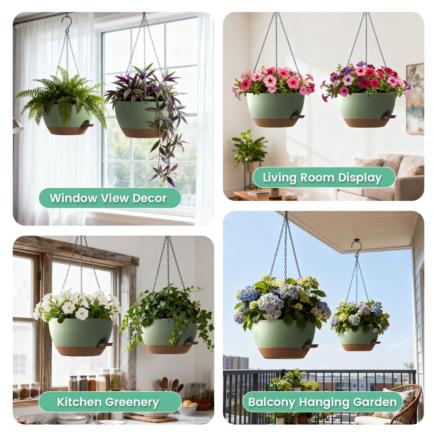 UOUZ 13 Inch 2 Pack Large Self Watering Hanging Planters for Indoor Outdoor Plants, Hanging Plant Pots with Removable 50 Oz Reservoir, Plastic Hanging Basket for Window Porch Garden, Green with Brown