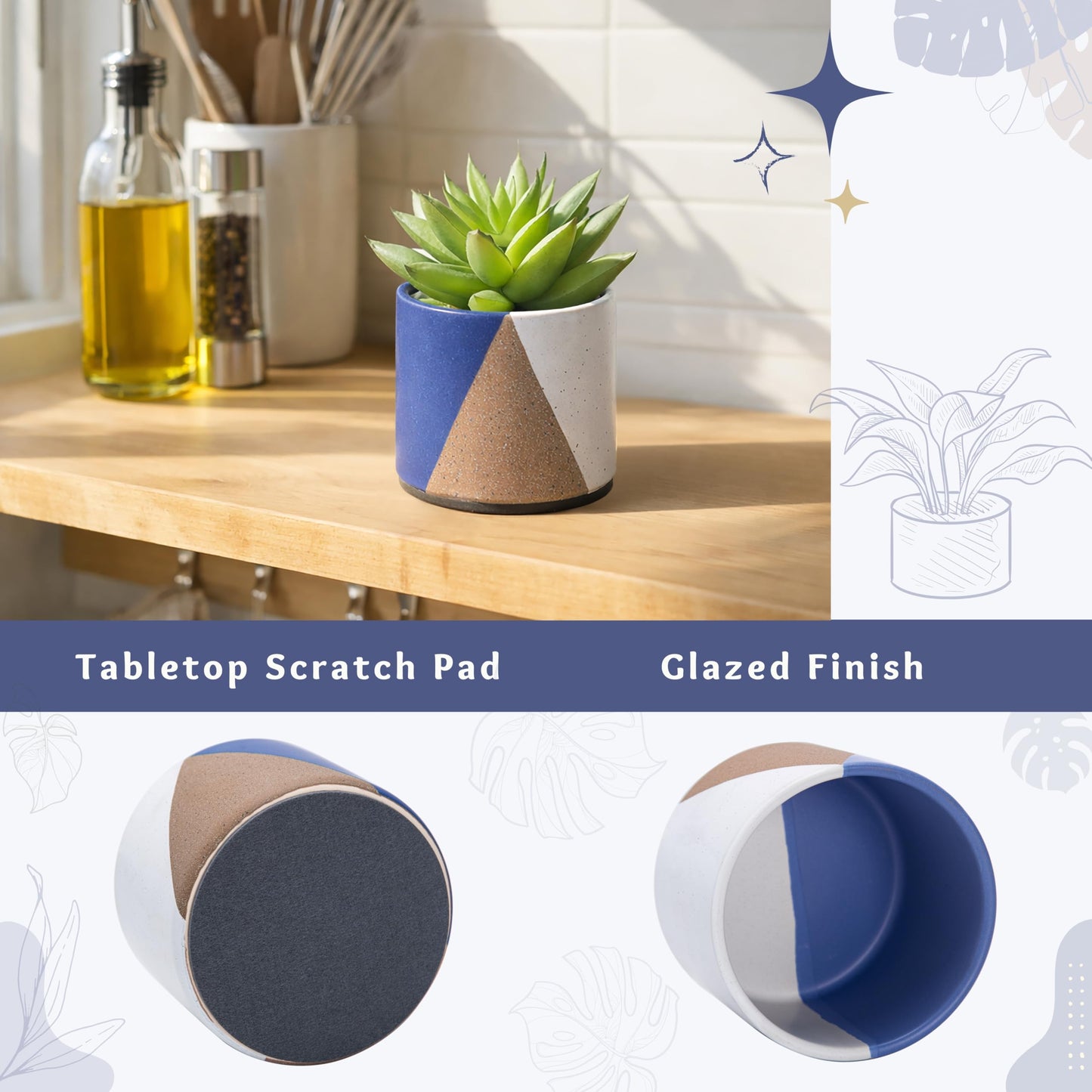 D'vine Dev 3.5" Stoneware Cachepot Planter with 3" Clear Nursery Pot & Detachable Saucer – Indoor Plant Pot with Drainage for Bottom Watering & Root Visibility, Cobalt Canyon, Set of 2, 93-V-A-3
