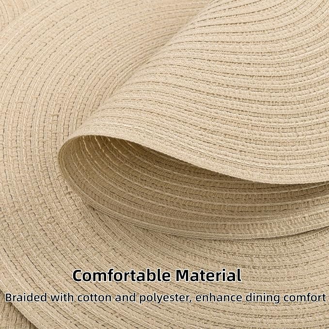 SHACOS 15 inch Round Braided Placemats Set of 6 Cotton Polyester Heat Resistant Table Mats Washable Place Mats for Dinner Party Table Decoration (Light Beige, 6)
