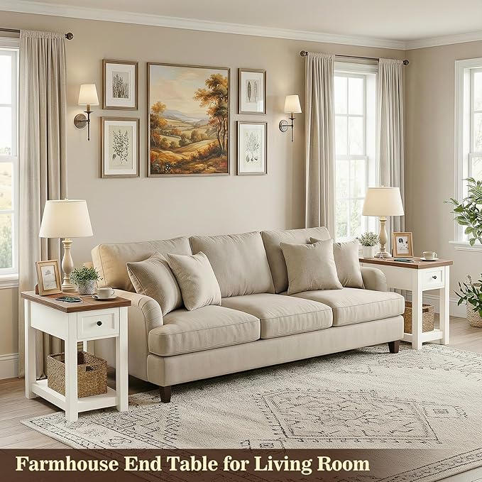 Narrow End Table Set of 2 with Charging Station