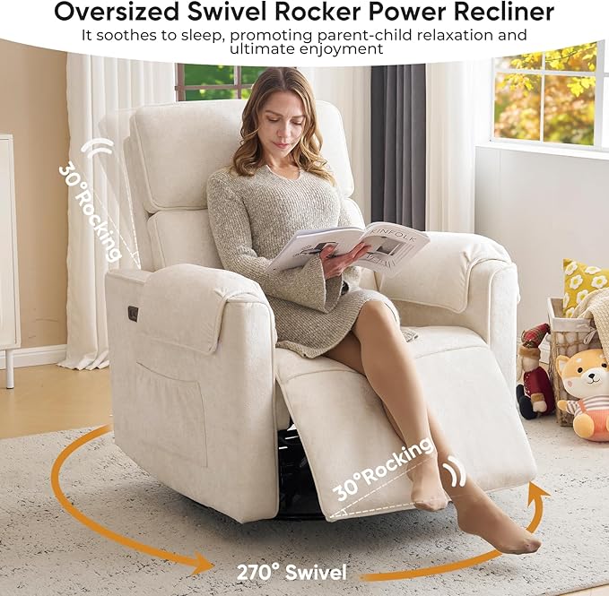 Oversized Power Rocker Recliner Chair, Chenille Glider Rocking Nursery Chair