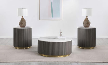 Coaster Home Furnishings - Jason - Wood and Metal - 3-Piece Coffee Table Set with Marble Tops, Reeded Drum Bases, and Gold Ring Accents - Living Room - Charcoal and White Marble - 710418-S3