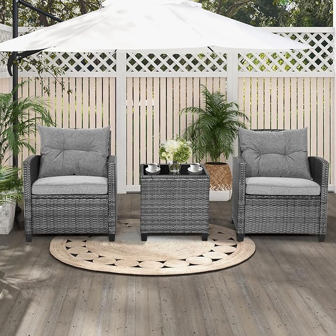 HAPPYGRILL 3 Pieces Patio Conversation Set, Outdoor Furniture Set PE Rattan
