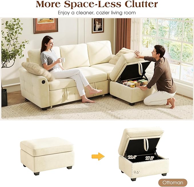 Ihanherry Modular Convertible Sectional Sofa Bed, Reversible Chaise & Storage