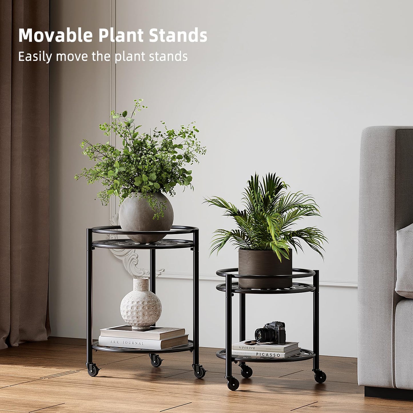Rioneta 2 Tier Heavy Duty Rolling Plant Stand – 165 lbs Capacity Flower Pot Holder with Wheels for Indoor & Outdoor, Easy Move Cart for Balcony, Patio, Garden, 2 Pack Black