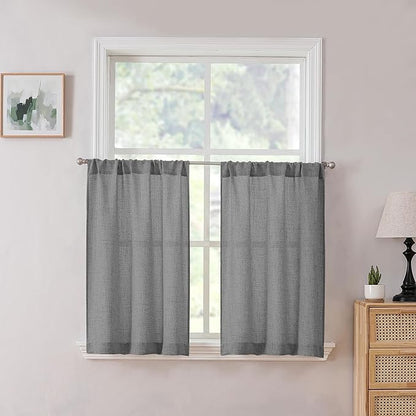 Tollpiz Linen Tier Curtain Rod Pocket Semi Sheer Half Kitchen Curtains Burlap Light Filtering Thick Linen Drape for Bathroom, 30 x 36 inches Long, Dark Grey, Set of 2 Panels