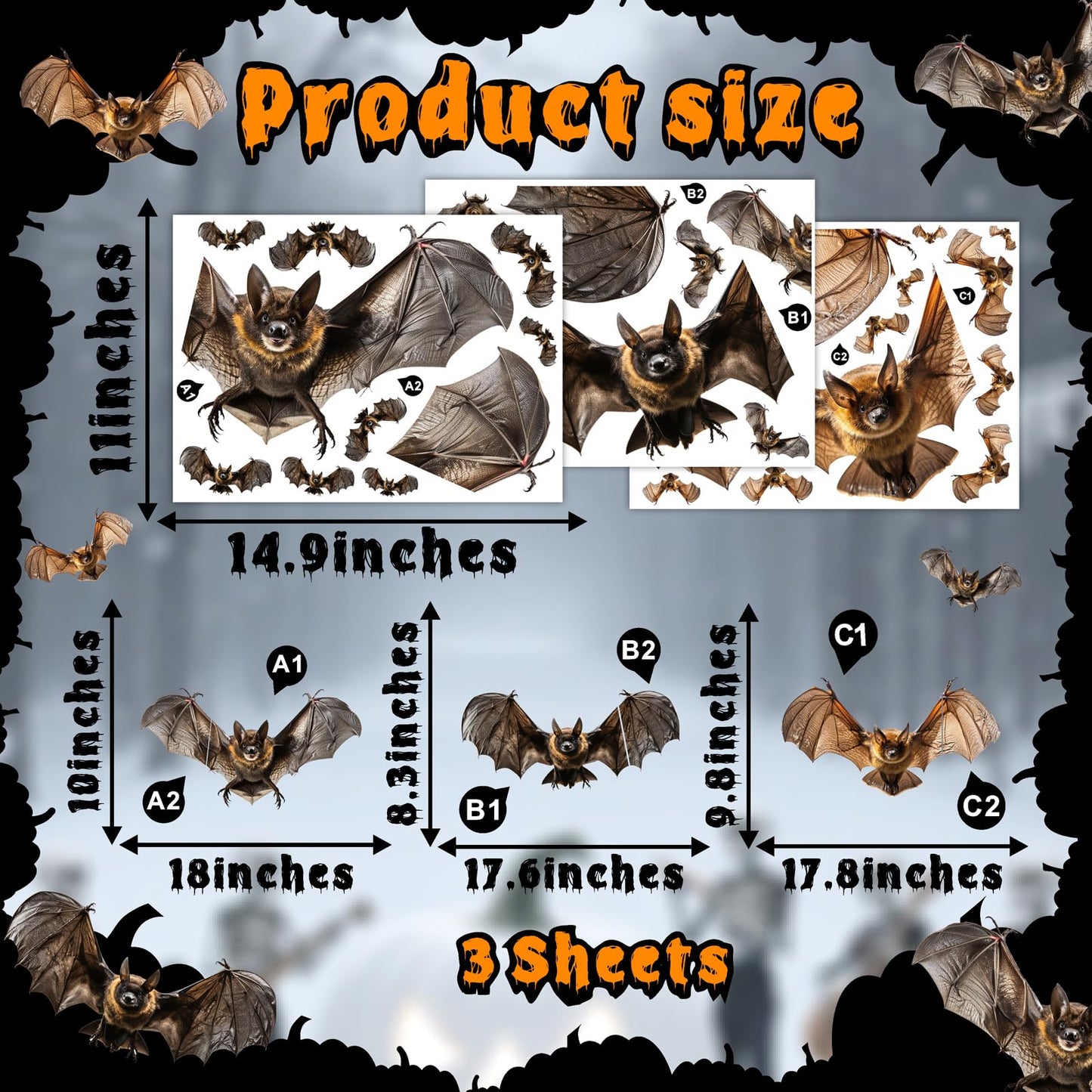 Halloween Window Decorations Clings Decor Large Bats Decals Removable Halloween Glass Stickers Indoor Spooky Bats Clings Double-Sided Scary Static Cling for Holiday Party Outdoor Decoration Supplies