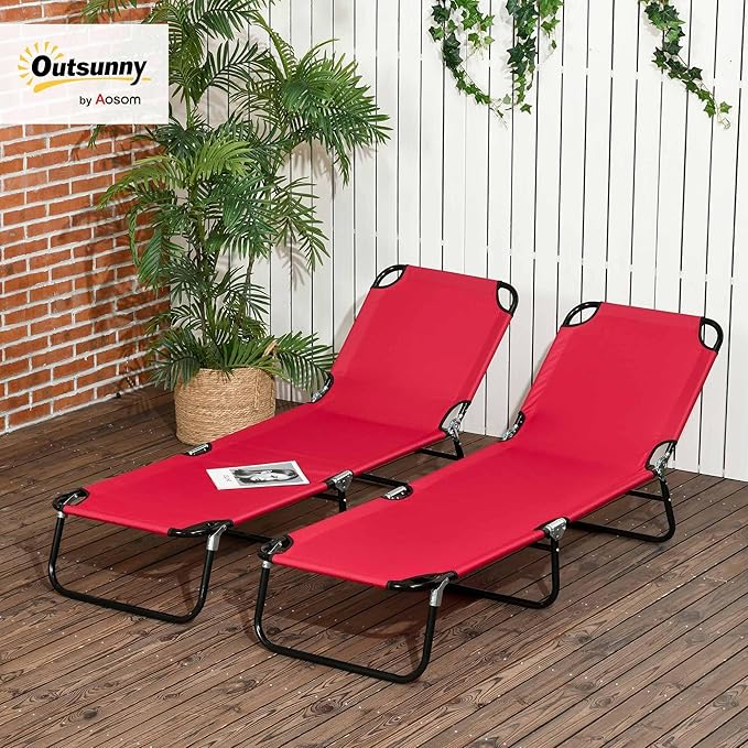 Outsunny 2 Piece Folding Chaise Lounge Pool Chairs, Outdoor Sun Tanning Chairs