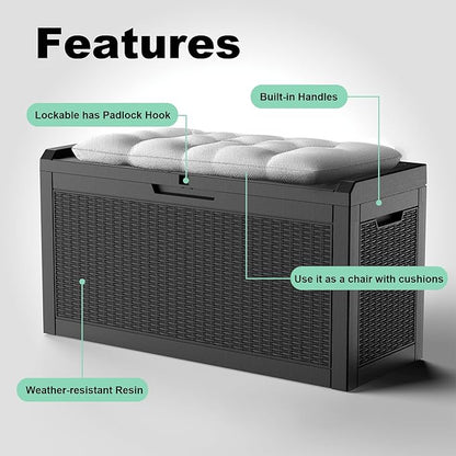 ROJIK Outdoor Storage Housing Deck Box,Waterproof Patio Furniture, Garden Tools, Cushions, Pool Accessories Storage Bench with Lockable Lid and Side Handles (Black,60 Gallon)