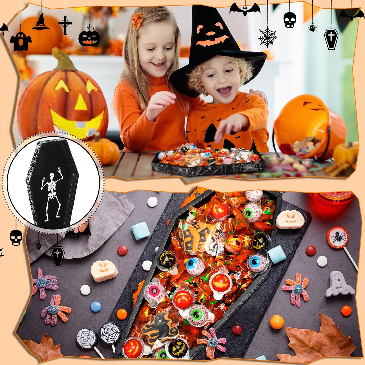 Teenyyou 15.7 x 7.8 Inch Halloween Coffin Charcuterie Board Wood Coffin Serving Tray with Skeleton Spider Web Decor Halloween Black Candy Bowl Gothic Serving Box for Mantel Kitchen Accessories Party