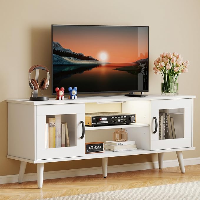 Turosur Wood TV Stand for 55 Inch TV, Mid Century Modern Entertainment Center