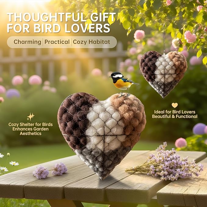 Handmade Alpaca Fiber Bird Nesting Heart with 6 Refill Bags, Reusable Nesting Material Accessory for Wild Birds, Outdoor Garden Decoration, Gift for Bird & Nature Lovers (3 Sets)