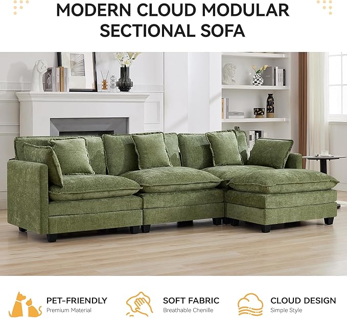 111'' Cloud Deep Seat Sectional Couch, Modern Comfy Chenille L Shaped Sectional