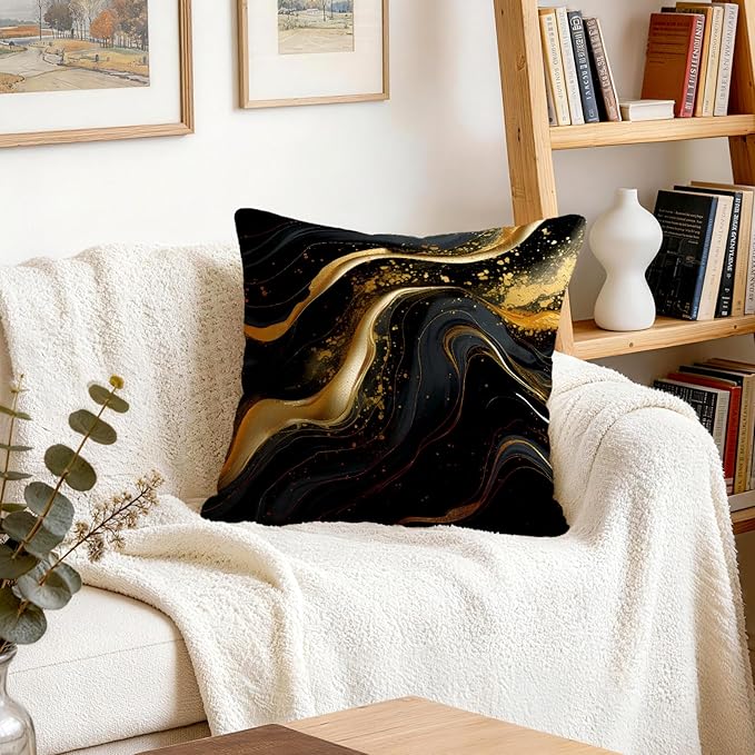 OBSEDE Abstract Black Gold Marble Decorative Throw Pillow Covers 18 × 18 in