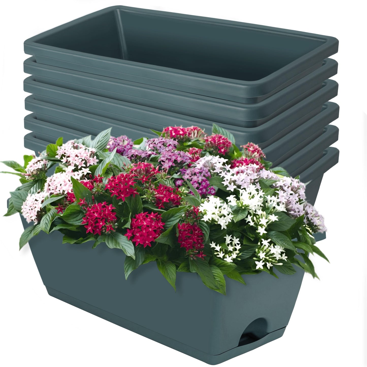 LOCONHA Window Box Planter, Plastic Vegetable Flower Planters Boxes 17 Inches Rectangular Flower Pots with Saucers for Indoor Outdoor Garden, Patio, Home Decor (7, Army Green)