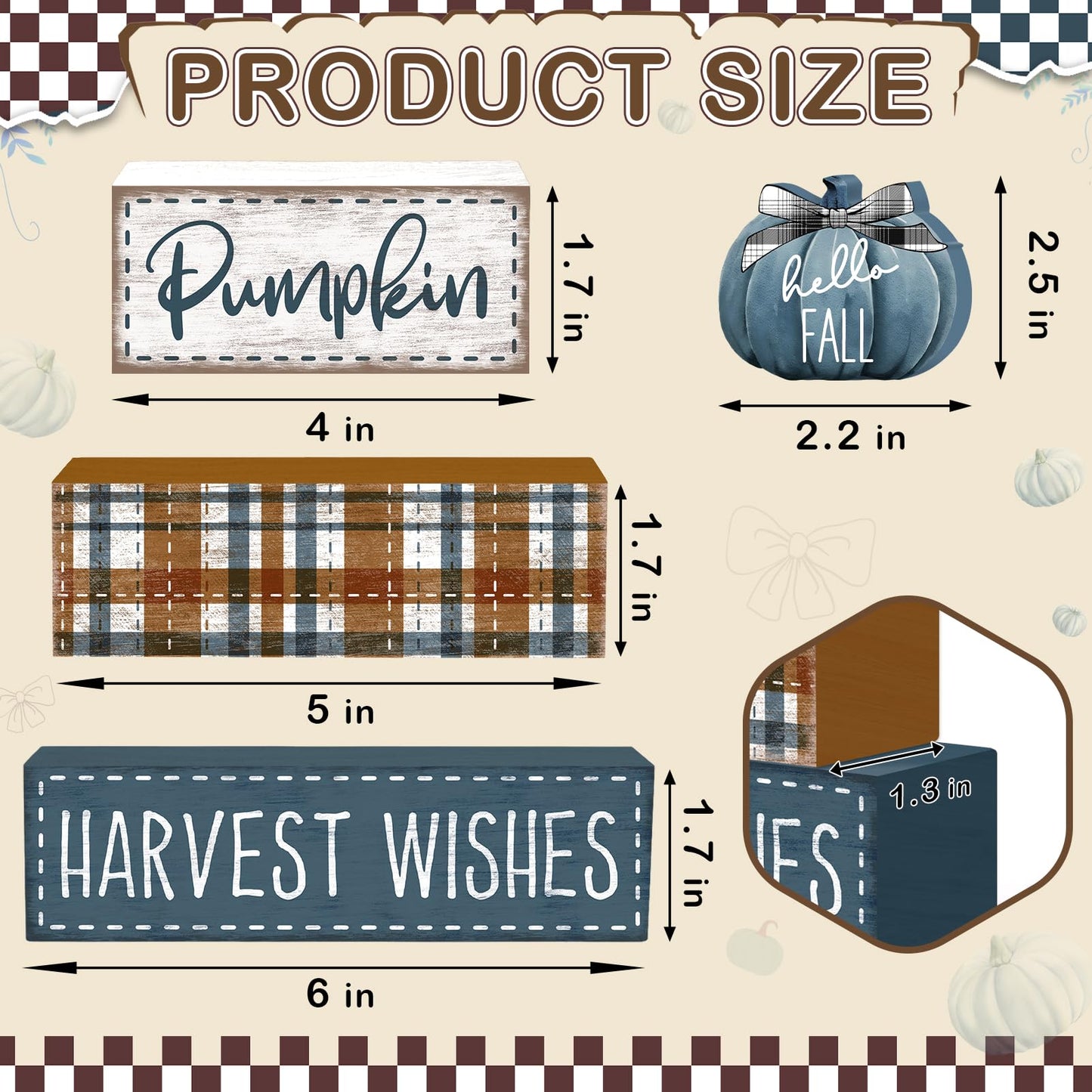 Britimes 4 Pcs Blue Pumpkins Fall Decor Wooden Tiered Tray Sign, Farmhouse Rustic Autumn Pumpkin Decorations Stack Block Set Harvest Wishes Table Centerpieces for Home Kitchen Shelf
