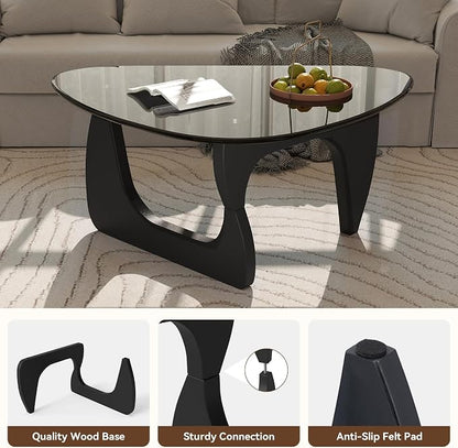 Modern Glass Coffee Table, Triangle Center Table with Tempered Glass Top& Unique Wooden Base, 31.5” Mid Century Tea Tables for Living Room, Apartment, Office,Black & Grey