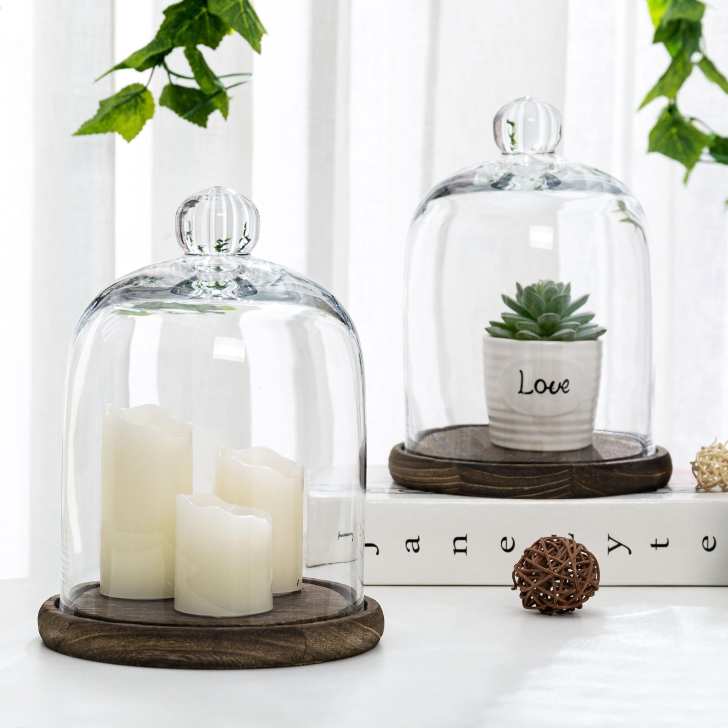 MyGift Clear Cloche Glass Dome, Display Bell Jar with Top Handle and Rustic Brown Solid Wood Base, Set of 2