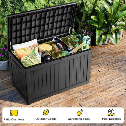ROJIK Outdoor Storage Housing Deck Box - Waterproof Patio Furniture, Garden Tools, Cushions, Pool Accessories Storage Bench with Lockable Lid and Side Handles (Black 238 Gal)