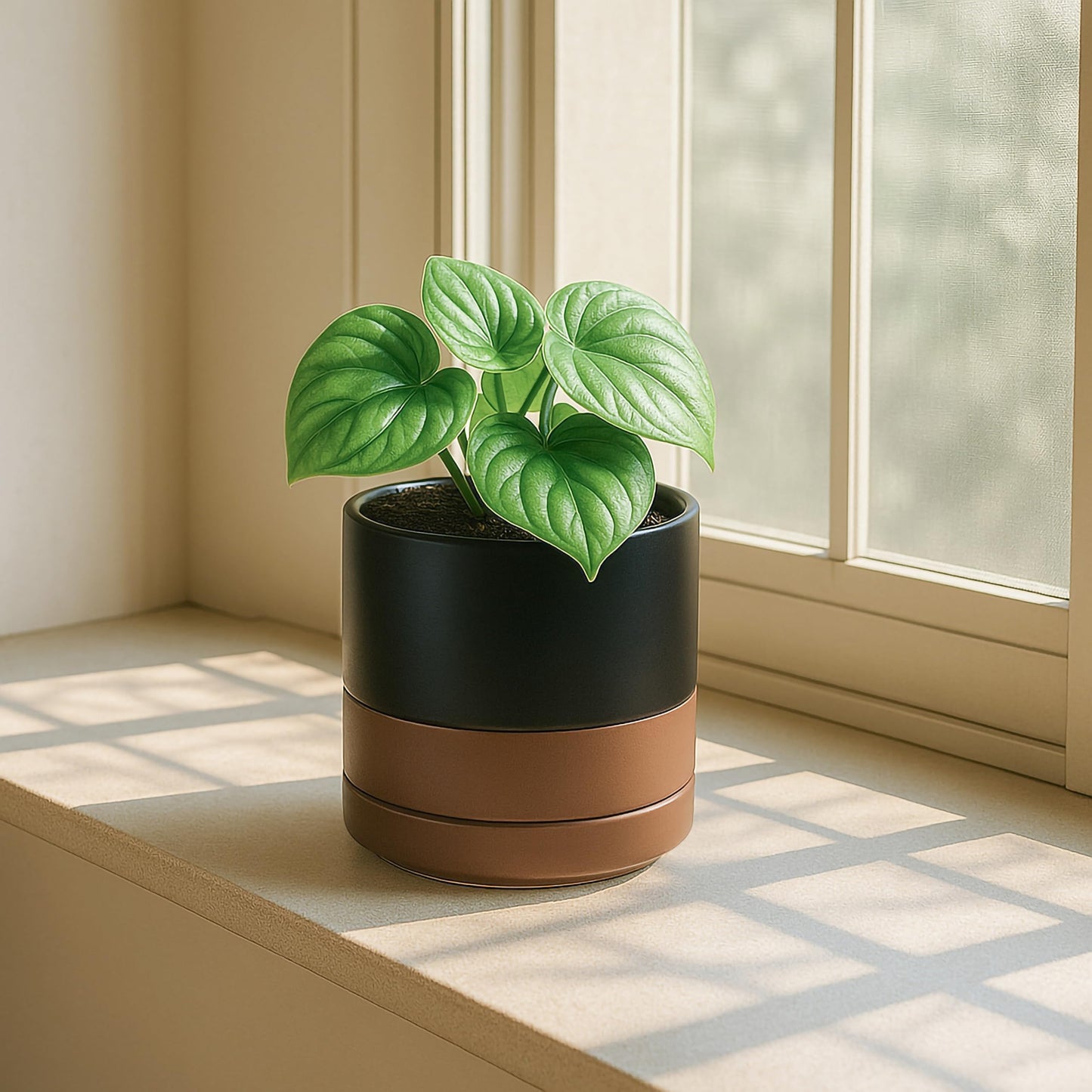 D'vine Dev Set of 4 Small Ceramic Plant Pots, 4.7 Inch Succulent Planter Pot for Plants with Drainage Hole and Saucer, Black/Speckled Tan, 94-X-B-7