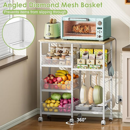 Rolling Kitchen Storage Microwave Cart & Kitchen Island on Wheels, Adjustable Shelf, Lockable Wheels, 27.75" L × 15.35" W, Bakers Rack Microwave Stand with Tilt-Out Baskets, Kitchen, Coffee Bar, White