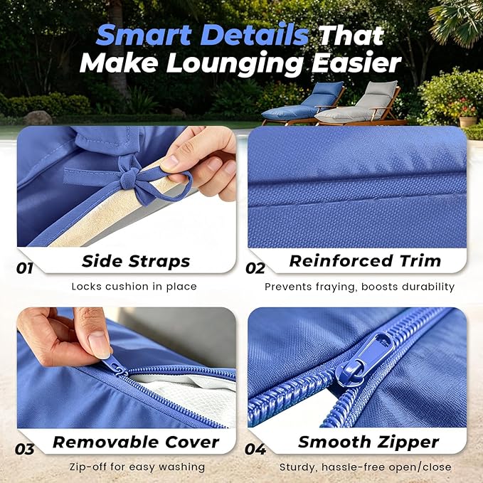 Outdoor Chaise Lounge Chair Cushion, Waterproof Non-Slip Patio Chaise Lounge