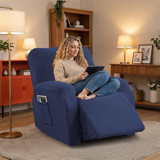 Recliner Chair Covers, 4-Piece Stretch Geometric Strokes Jacquard Reclining