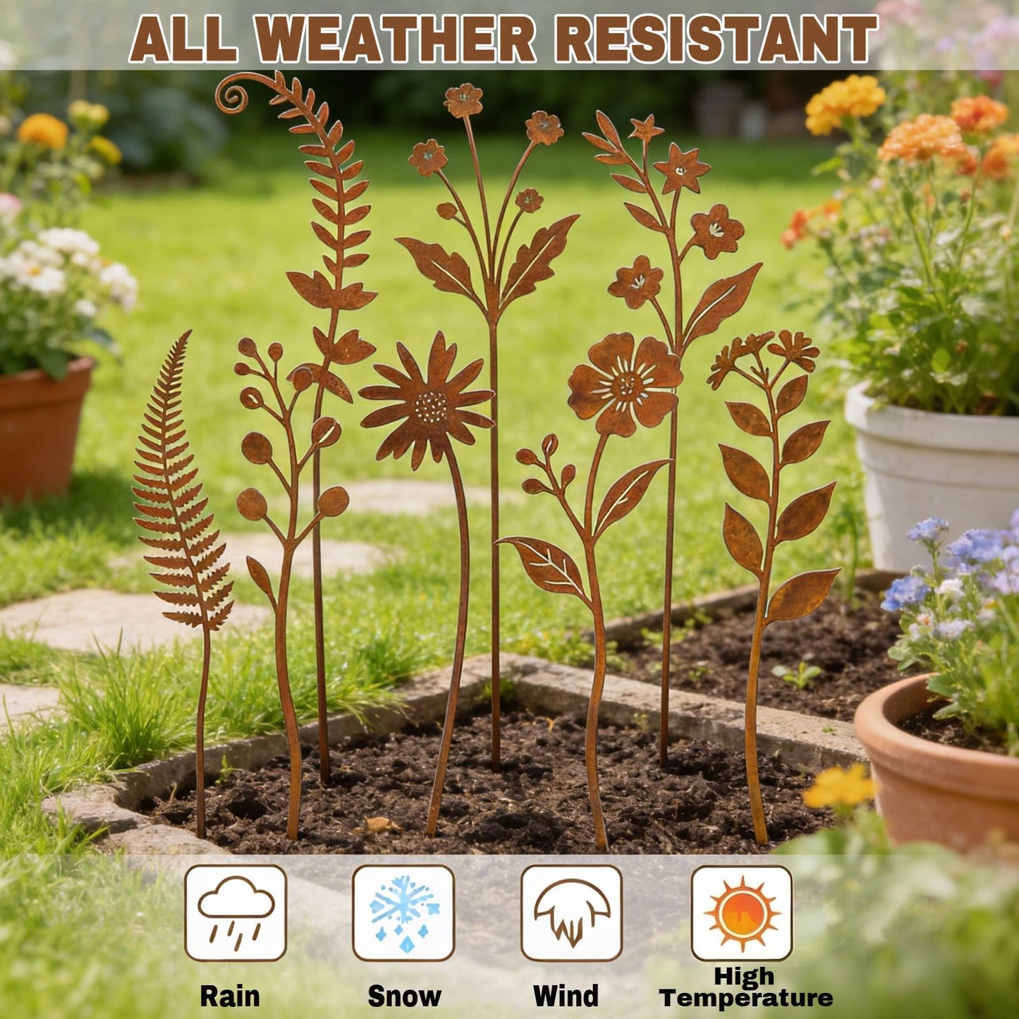 YLDLANXI 10 Pcs Rusty Metal Flower Garden Stakes,Rustic Metal Fern Leaf Plants,Iron Art Plant Shaped Decoration for Outdoor Lawn Walkway Patio