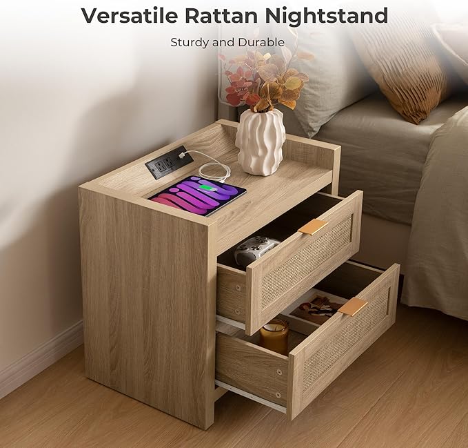 SICOTAS Rattan Nightstands Set of 2 Bedside Table