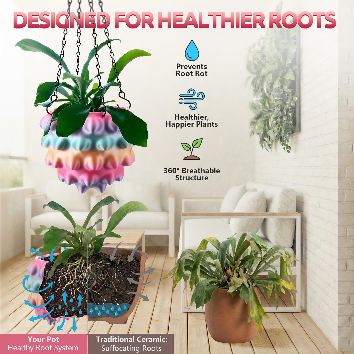 Enhon 6 Inch Hanging Planters for Indoor Plants, Unique Hanging Pots for Plants with Drainage and Hanger Baskets Hangers, Spiked Orb Plant Hanger, Silky Rainbow Finish