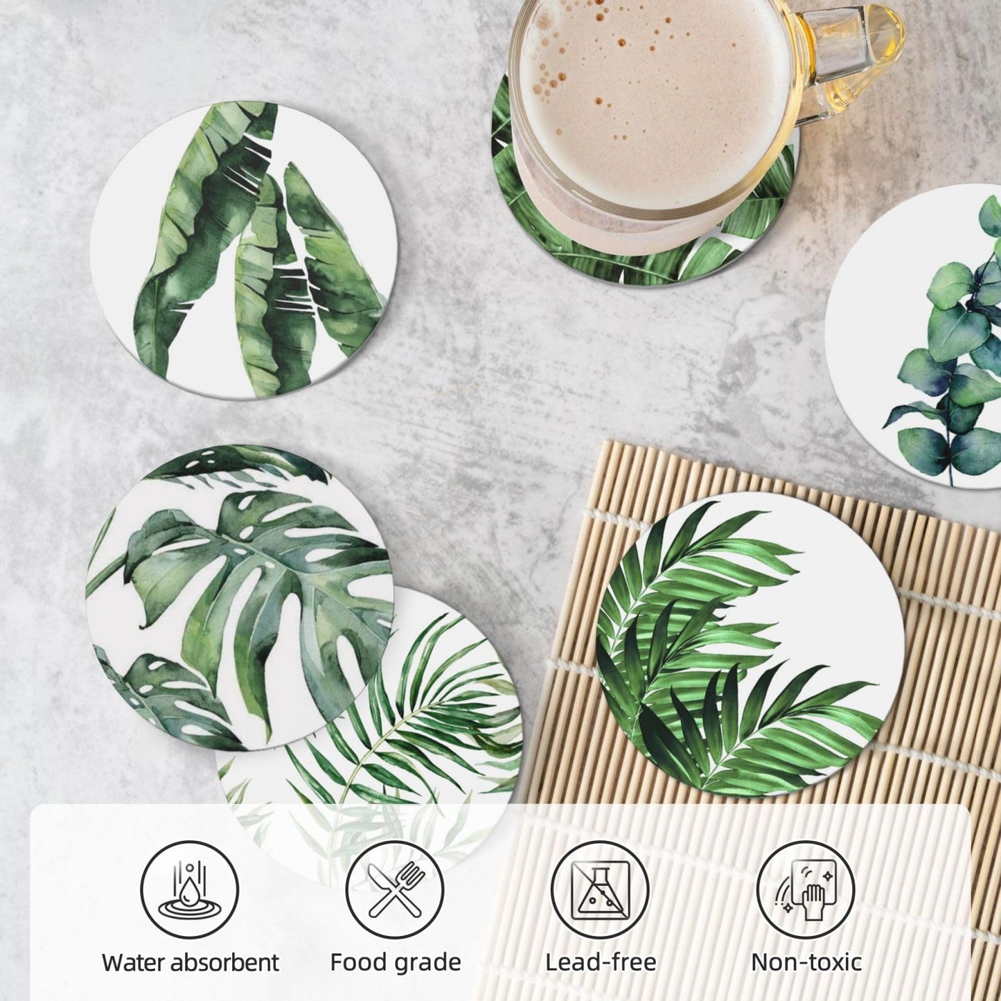 Coasters for Drinks Absorbent with Holder,Floral Pattern with Tropical Leaves Sets of 6 Durable Cup Coaster for Coffee Table Protection,Great Housewarming Birthday Gifts,Home Decor