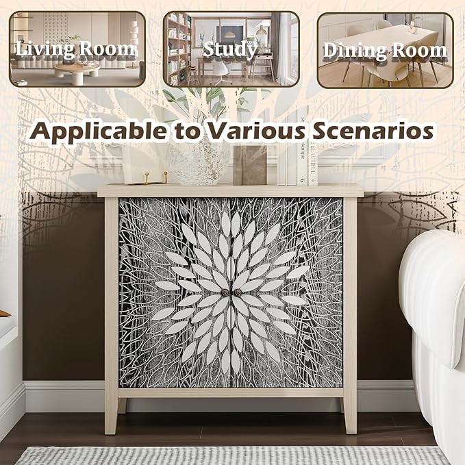 Black Accent Furniture, 32 Inch Wide 2-Door Carved Geometric Sideboard Buffet