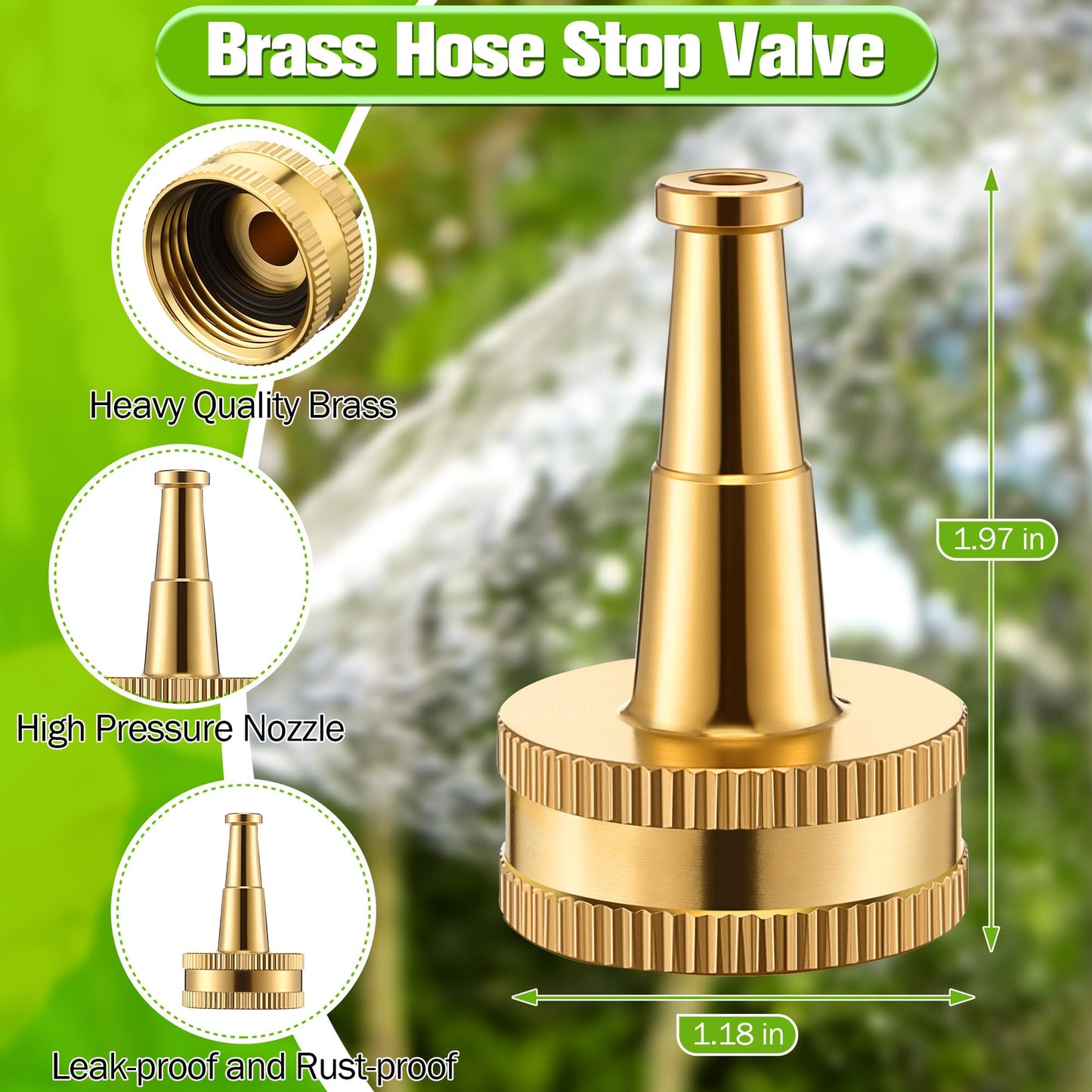 Dunkive 4 Pcs Garden Hose Nozzle Kit, 4" Brass Adjustable Twist Nozzle, Jet High Pressure Water Sprayer, Brass Hose Shut Off Valve with 10 Rubber Washers, 3/4" GHT Connector for Garden Sprinkler